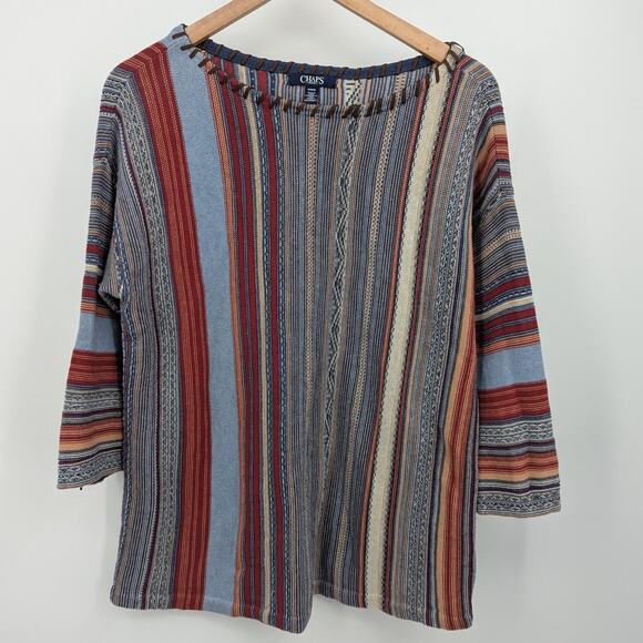 Chaps Denim Sweater M Multicolor Stripe Boho Top 3/4 Sleeve Peruvian Preppy Cozy - Picture 2 of 5